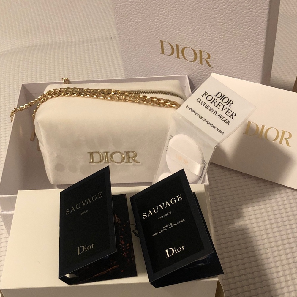 Dior Cream and Gold Cosmetic Pouch with Sauvage Samples